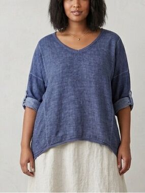 Kaktus Linen Made in Italy 3/4 Roll Tab V-Neck Blouse Lagenlook Size Large